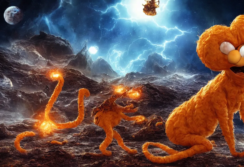 Image similar to eldritch horror bloody garfield in space, hd, 8 k, giant, epic, realistic photo, unreal engine, prophecy, powerful, cinematic lighting, destroyed planet, debris, violent, sinister, ray tracing, dynamic, epic composition, dark, horrific, teeth, grotesque, monochrome drawing, hellscape, corpses, foreboding, lightning, garfield cartoon eyes