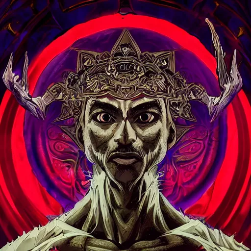 Image similar to 4K headshot portrait of godlike Warlock of Nazareth with defined arms and open hands and bloody clothes with giant mandala wings , intricate face , flawless anime cel animation by Kentaro Miura, psychedelic , highly detailed upper body , professionally post-processed , beautiful, scary, symmetry accurate features, epic, octane rendered, anime masterpiece, accurate by Craig Mullins, ilya kuvshinov, krenz cushart, epic , artgerm trending on artstation by Edward Hopper and Dan Mumford and WLOP and Rutkovsky, beksinski carl spitzweg moebius and tuomas kocar, intricate artwork by caravaggio, Unreal Engine 5, Lumen, Nanite