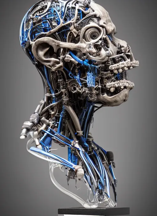 Image similar to a bust sculpture of anatomical detailed cyborg, blue blood, horror, ceramic base, orthographic, studio lighting