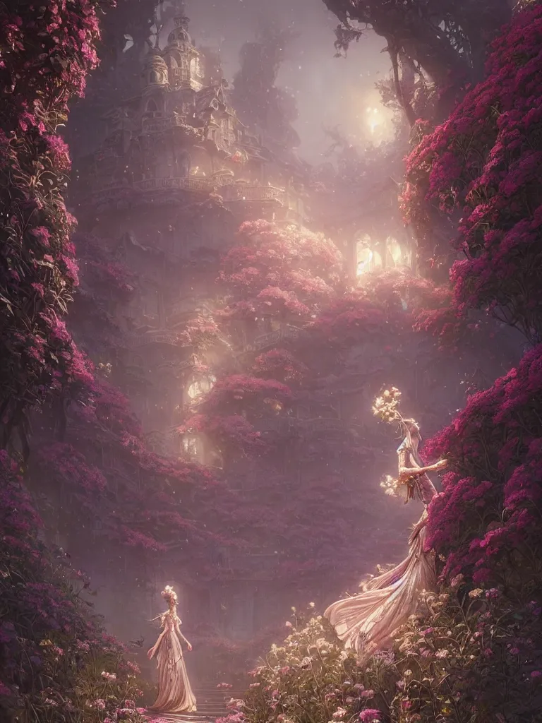 Image similar to highly detailed ornate flower dress, stephen bliss, unreal engine, fantasy art by greg rutkowski, loish, rhads, ferdinand knab, makoto shinkai and lois van baarle, ilya kuvshinov, rossdraws, tom bagshaw, global illumination, radiant light, detailed and intricate environment