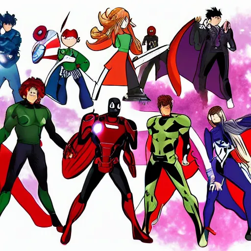 Image similar to the avengers in the style of yuyuko takemiya and gen urobuchi