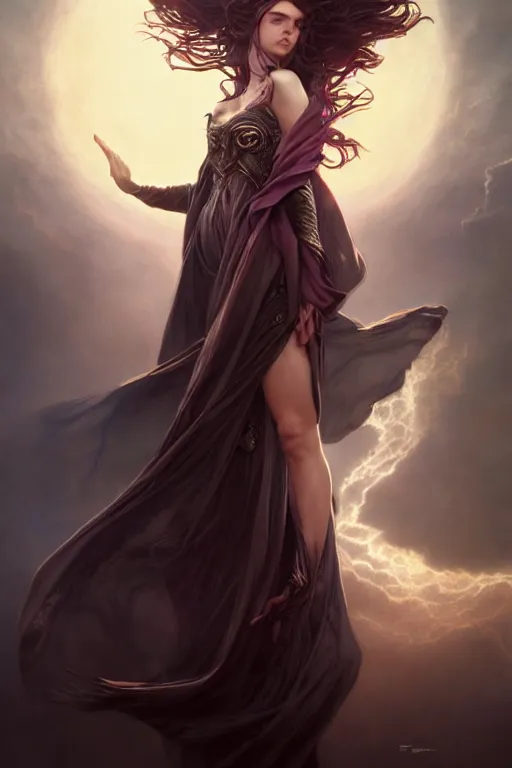 Image similar to seductive looking sorceress prays!!! magic the gathering, windy hair!, surreal dark fantasy, cinematic volumetric lights, portrait, dnd, intricate, elegant, highly detailed, digital painting, artstation, concept art, smooth, sharp focus, illustration, art by artgerm and tom bagshaw and greg rutkowski and alphonse mucha