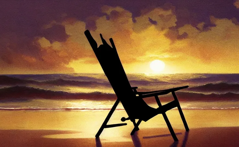 Image similar to silhouette painting of a beach chair at sunset with ocean waves in background, natural light, concept art, by greg rutkowski, cozy atmospheric and cinematic lighting