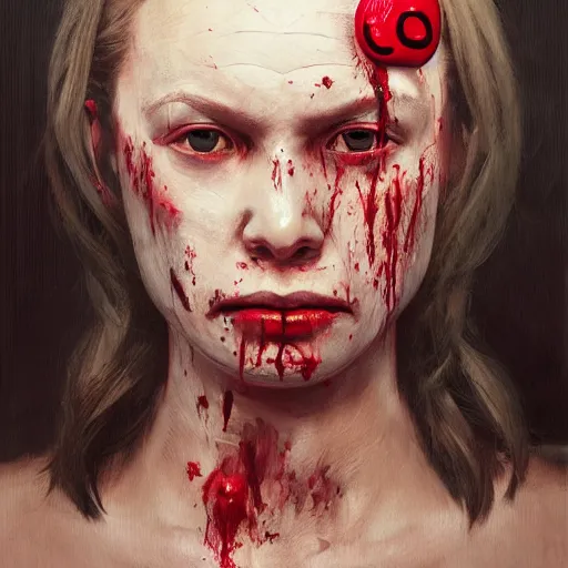 Image similar to portrait painting of a bloodied serial killer wearing a hello kitty mask, ultra realistic, concept art, intricate details, eerie, highly detailed, photorealistic, octane render, 8 k, unreal engine. art by artgerm and greg rutkowski and alphonse mucha