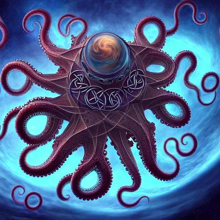 Prompt: a dramatic and beautiful digital matte painting of large space octopus with legs made of fractal celtic knots floating in space, trending on cgartist, hi-fructose, mandala, ultra detailed 8k