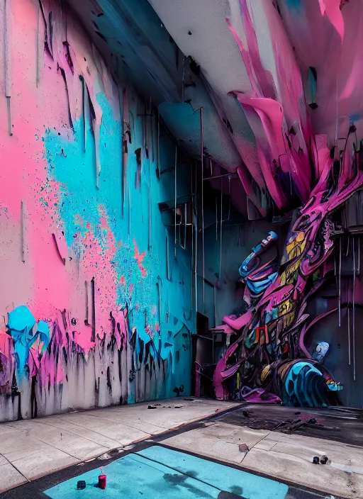 Prompt: matte painting extreme offset 3 d calligraphy graffiti mural dripping paint wall extreme maximalism by artur bordalo, by atey ghailan, by greg rutkowski, by greg tocchini, by james gilliard, by joe fenton, pink, brown, black and light blue color scheme, octane render