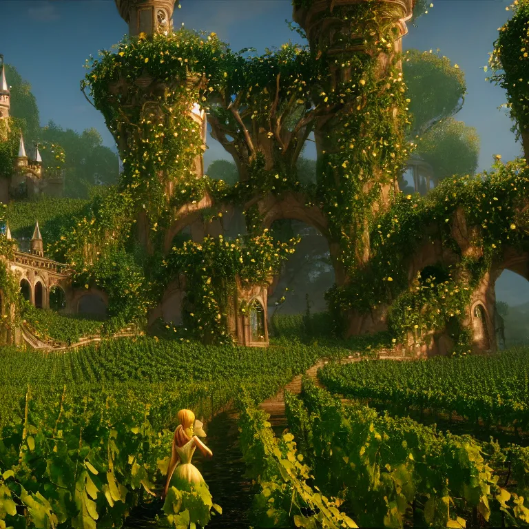 Image similar to fairy tales of princess of vines with a clear skin, ornate 8 k gorgeous intricate gold detailed unreal engine rendered