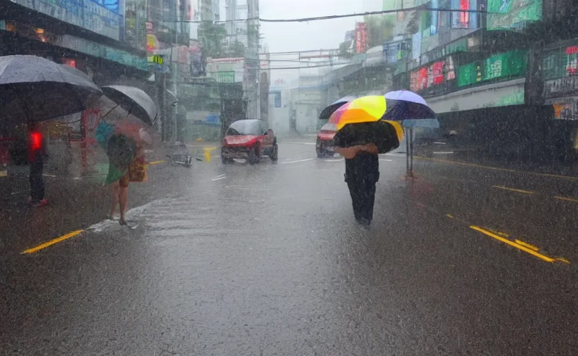 Prompt: Rainy Hsinchu heavy rain pelting down