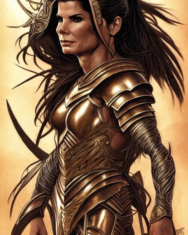 Prompt: a young sandra bullock as an amazon warrior, tall and beautiful with brown skin and long hair, dressed in hellenistic body armor, intricate, elegant, highly detailed, smooth, sharp focus, detailed face, art by ardian syaf