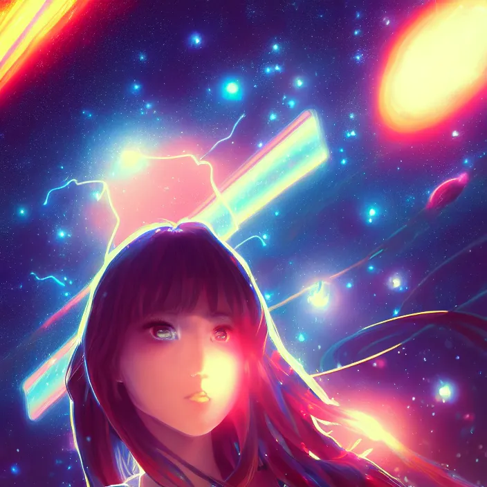 Image similar to thundering across the stars, planets, nebulae, cosmic, lens flare, anime style. realistic shaded lighting poster by ilya kuvshinov katsuhiro, magali villeneuve, artgerm, jeremy lipkin and michael garmash, rob rey and kentaro miura style, trending on art station, unreal engine, highly detailed, pixiv