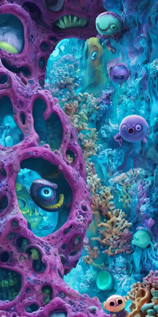 Image similar to of a colorful deep sea cave with strange cute friendly happy creatures with huge eyes, mouth, long tongue and round teeth appearing from sandy coral, in the style of gehry and gaudi, macro lens, shallow depth of field, ultra detailed, digital painting, trending artstation, concept art, illustration, cinematic lighting, photorealism, epic, octane render