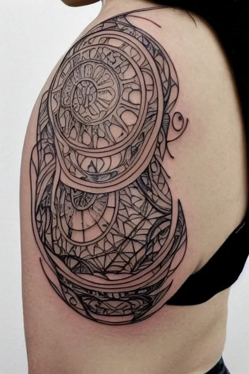 Prompt: round mirrored minimalist art nouveau shoulder tattoo, wide, intricate detail, simple lines
