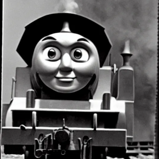 Prompt: black and white photograph of thomas the tank engine on trial for his war crimes,