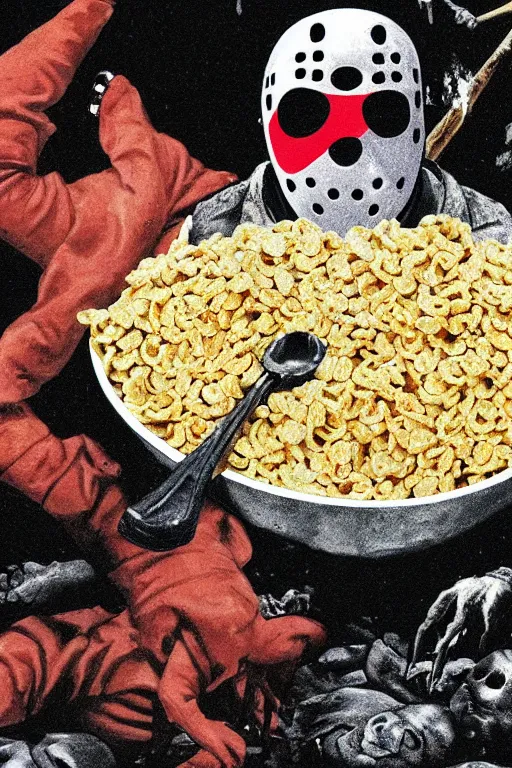 Prompt: jason voorhees swimming in a pool of cereal, realistic, moody grindhouse, dark
