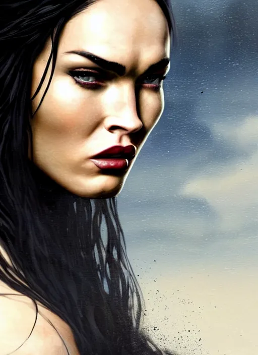 Prompt: megan fox as vampire queen with black braided hair in the style of assassins creed, countryside, calm, fantasy character portrait, dynamic pose, above view, sunny day, thunder clouds in the sky, artwork by jeremy lipkin and giuseppe dangelico pino very coherent asymmetrical artwork, sharp edges, perfect face, simple form, 1 0 0 mm