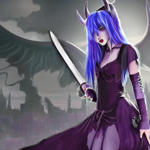 Prompt: gloomy blue haired demon girl with demon horns in a pretty mid-length black dress with a katana in front of a dystopian purple colored city, beautiful high detail photo