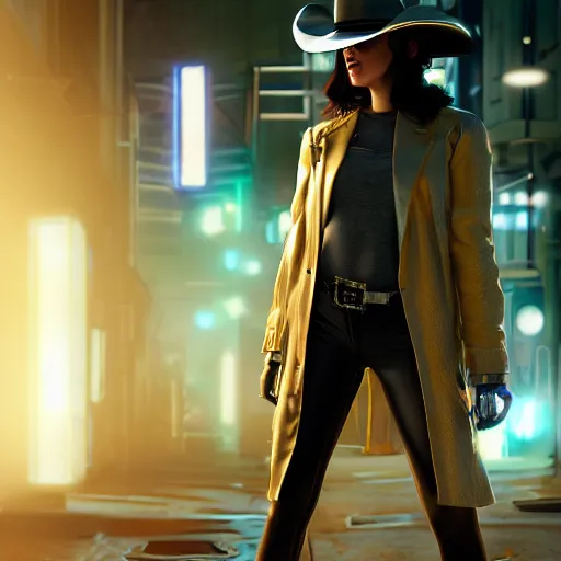 Image similar to beautiful female cyborg wearing cowboy hat walking in art deco cyberpunk alley, brilliant long green hair, glowing golden eyes, wearing long trench coat, bright silver revolvers in holsters, dynamic dramatic golden moody lighting, volumetric lighting, shadows,cinematic atmosphere,Artstation, hyperrealistic 3D digital art,Octane render,8K 4K UHD image