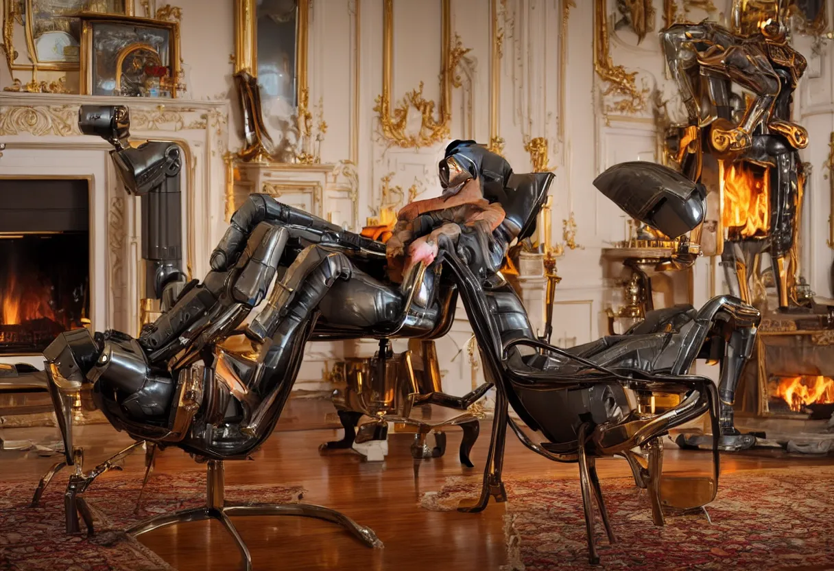 Image similar to Extreme close up photograph of a futuristic robot reclining on a 1950s fainting chair in front of a single beautiful fireplace in a pristine traditional Victorian home, by Simon Stalenhag