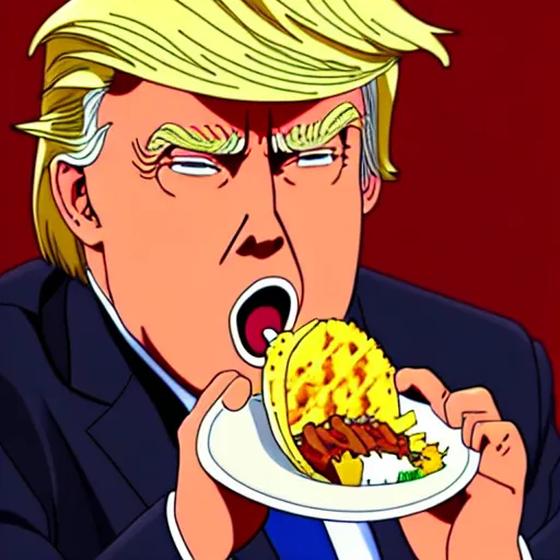 Image similar to beautiful makoto shinkai anime style digital painting portrait of donald trump eating a taco bowl, 4 k, 8 k, hd, high resolution, highly detailed, intricate detail, ultra realistic faces, digital art, trending on artstation, your name, weathering with you