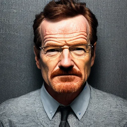 Prompt: Mugshot Portrait of Bryan Cranston dressed as Hal Wilkerson, real life, hyperrealistic, ultra realistic, realistic, highly detailed, epic, HD quality, 8k resolution, body and headshot, film still, front facing, front view, headshot and bodyshot, detailed face, very detailed face