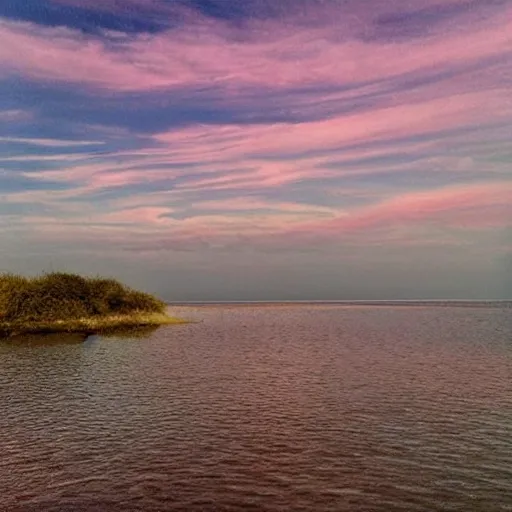 Image similar to dreamland surreal infinite rose colored sky with feathery blush colored clouds over a body of calm flat reflective pink water looking out to the horizon with no trees or land in sight