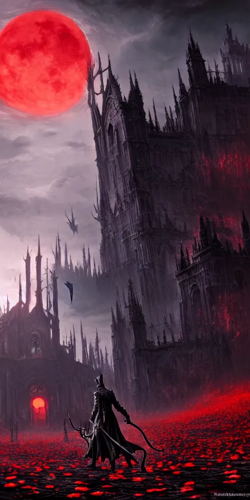 Image similar to populated bloodborne old valley with a dark person at the centre and a ruined gothic city in the background, trees and stars in the background, falling red petals, epic red - orange moonlight, perfect lightning, wallpaper illustration by niko delort and kentaro miura, 4 k, ultra realistic, upscaled