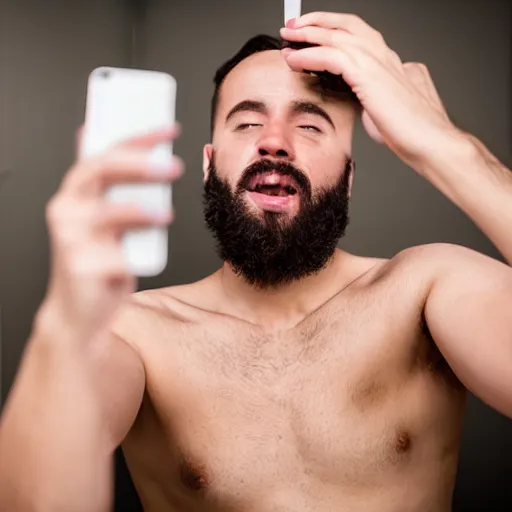 Prompt: naughty photographer taking his selfie in the bathroom with face closed by camera and bottomless male torso, detailed, award winning photo, sharp focus
