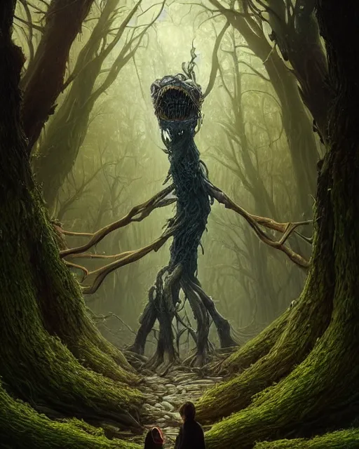 Image similar to highly detailed surreal vfx portrait of a cursed monster in a shadowy forest by a willow tree, stephen bliss, unreal engine, greg rutkowski, loish, rhads, beeple, makoto shinkai and lois van baarle, ilya kuvshinov, rossdraws, tom bagshaw, alphonse mucha, global illumination, detailed and intricate environment