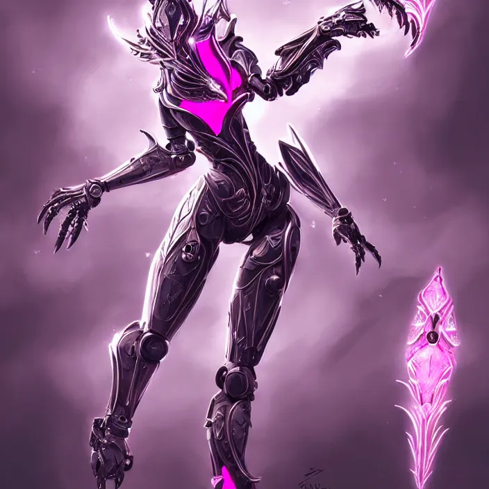 Image similar to highly detailed exquisite fanart, of a beautiful female warframe, but as an anthropomorphic robot dragon, shiny white silver armor engraved, Fuchsia skin beneath the armor, sharp claws, long tail, robot dragon hands and feet, elegant pose, close-up shot, full body shot, epic cinematic shot, professional digital art, high end digital art, singular, realistic, DeviantArt, artstation, Furaffinity, 8k HD render