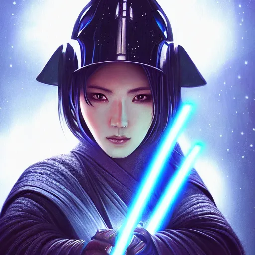 Prompt: head and shoulders portrait of a female knight, jedi, robes, blue lightsaber, beautiful japanese woman, star wars, by artgerm, face detail, extremely detailed, digital illustration