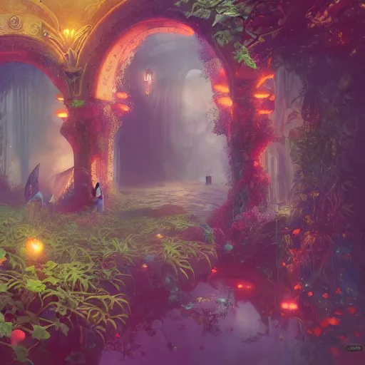 Image similar to dreamlike zelda garden fantasycore , glossy painting, Art Nouveau Cosmic 4k Detailed Matte Illustration featured on Getty Images ,CGSociety, Jade and Carrot orange color scheme, Pastiche by Marc Simonetti, Pastiche by Cedric Peyravernay