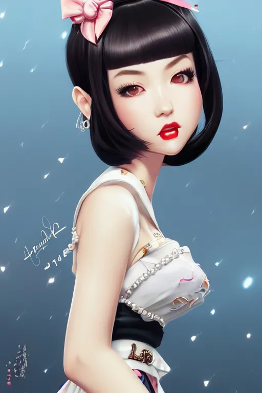 Image similar to a pin up and beautiful fashion dreamlke japan girl with lv jewelry, character art, art by artgerm and wlop and and ilya kuvshinov, hyperdetailed, 8 k realistic, symmetrical, frostbite 3 engine, cryengine, dof, trending on artstation, digital art, chanel, dior, fantasy background