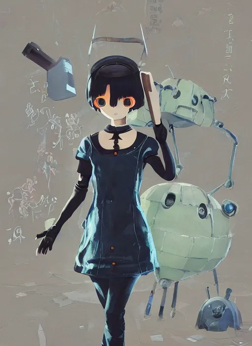 Image similar to a gouache painting in the style of nier automata, by hikari shimoda, ilya kuvshinov, yoshitaka amano, by shaun tan, by good smile company, a detailed 3 d render of audrey hepburn as an android, portrait, cgsociety, artstation, a modular costume and headpiece, action adventure scene