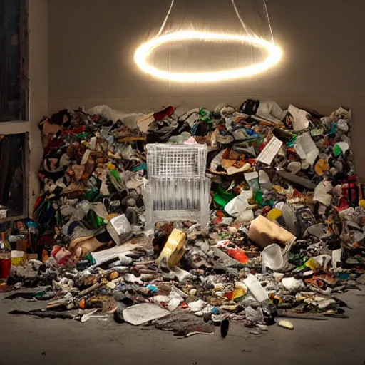 Prompt: in defiance of consciousness, trash art installation, studio lighting