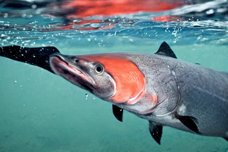 Prompt: a close - up photograph of a salmon with it's mouth open jumping out of the water. national geographic, fast shutter speed, 5 0 mm