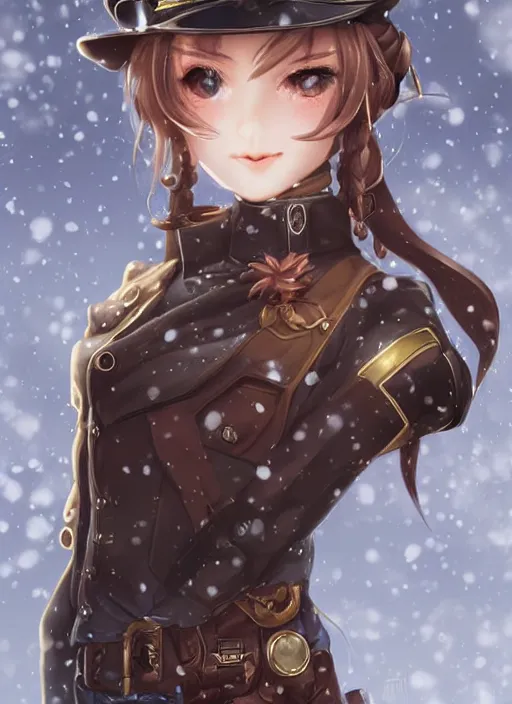 Prompt: girl with steampunk weapons and uniform, smug, finely detailed, made by artgerm, ross tran, full body portrait, illustration, snow, snowing, cloudy, anime, side view, perfect anime face, realistic face, zoomed out, smooth, brown eyes, high waisted shorts