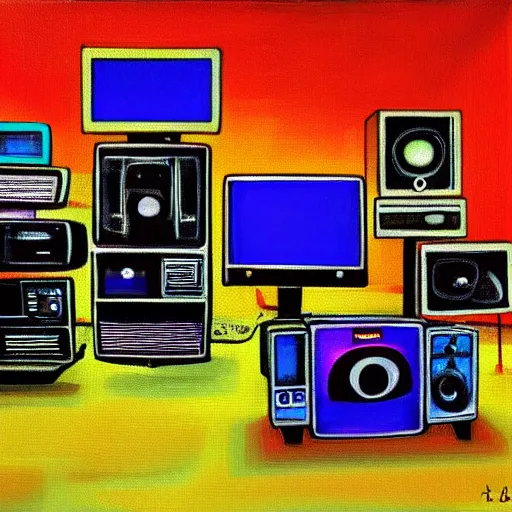 Prompt: array of crt televisions, fuzzy, tv static, antenna, stacked, polaroid, steroids, adult video store, impressionist painting, painting, acrylic painting, cell shaded