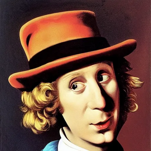 Prompt: Willy Wonka in Charlie and the Chocolate Factory painted by Caravaggio. High quality.