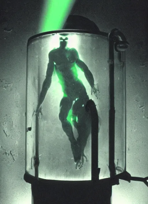 Prompt: a weird humanoid creature is suspended in a tank of dense liquid, weightlessness, tubes coming from the top of the tank connecting to the creature's body, back lit, bright green glow, 35 mm film photography