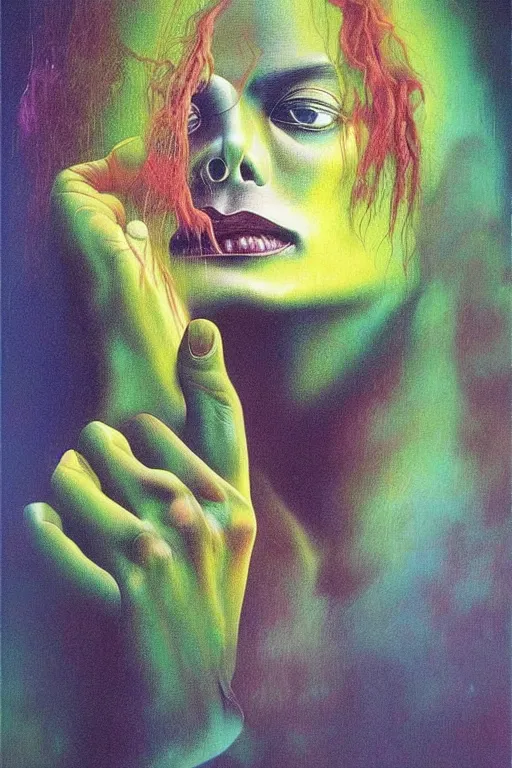 Image similar to portrait of michael jackson colourful shiny beautiful harmony painting by zdzisław beksinski