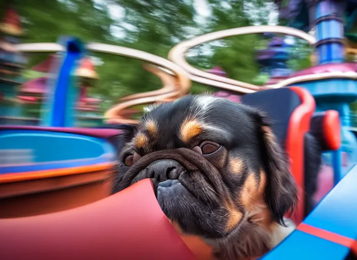 Image similar to film still of a dog riding a roller coaster in disneyland paris, 8 k