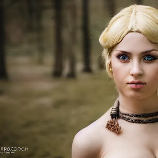 Image similar to an extremely beautiful!!!! young blonde woman with symmetric face. sensual. wearing a cosplay of slave leia in a star wars convention. petzval lens. shallow depth of field. on flickr, award winning. ethnographic portraiture photograph