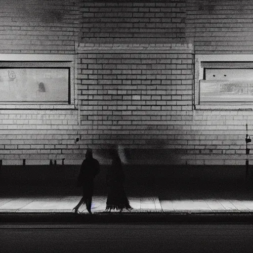 Prompt: an urban photograph of two shadowy figures, long exposure, 35mm, black-and-white