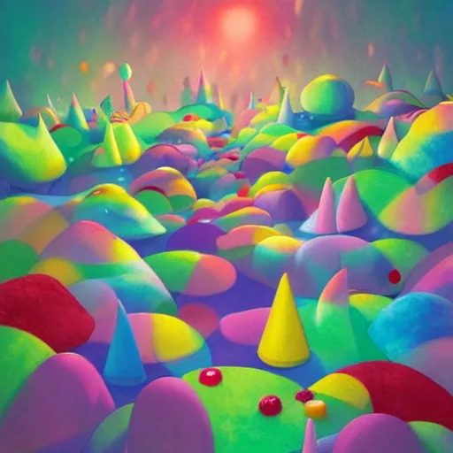 Image similar to a matte digital painting of candyland at night, bokeh, bright colours, watercolor, volumetric crayon felting, macro photography, children illustration, by goro fujita