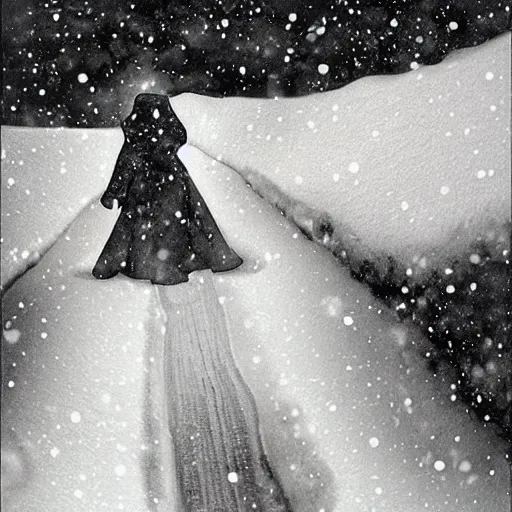 Image similar to The frostbite was getting worse. Snow was now falling in earnest, and the ground was completely white beneath her feet. Silky white snowflakes fell through a sky that had gone from blue to gray, and she felt herself slipping into a deep sleep. The last thing she saw were stars twinkling in the blackness of space as she drifted off into an eternal slumber...
