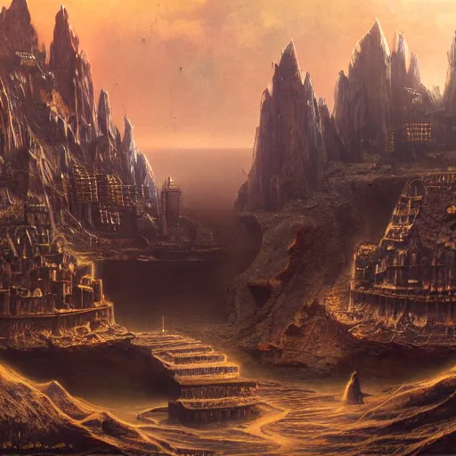 Image similar to the city of gold at the bottom of the abyss, matte painting