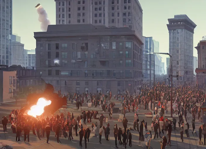 Image similar to crowd of working citizens protests while missles and bombs explode residential buildings, DSLR 35mm, by Edward Hopper and Dan Mumford and WLOP and Greg Rutkovsky, Unreal Engine 5, Lumen, Nanite