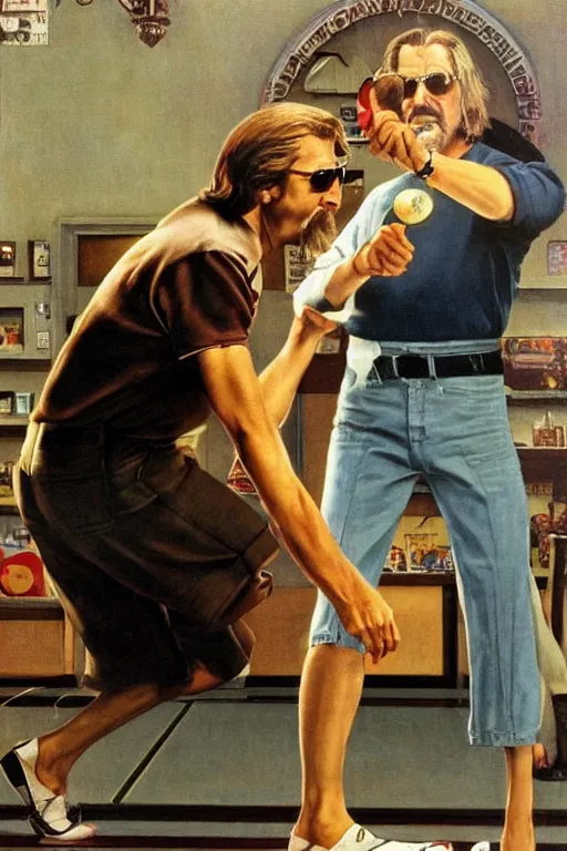 Image similar to The Dude from the movie The big Lebowski playing bowling painted by Norman Rockwell