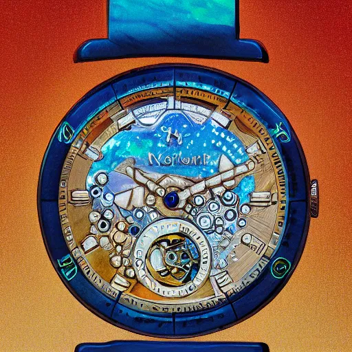 Image similar to detailed illustration of celestial watch from the far future with 3 7 descending dials and multiple glowing watch faces, mother of pearl opal blue eye, year 2 5 0 0, style of norman rockwell