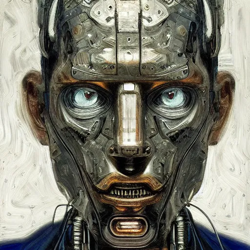 Image similar to portrait of a cyberpunk character, ( ( ( art by lucian freud ) ) ), cybernetic implant, more human than robot, award winning, masterpiece, intricate, dramatic light, detailed face, highly detailed, asymmetrical, dark